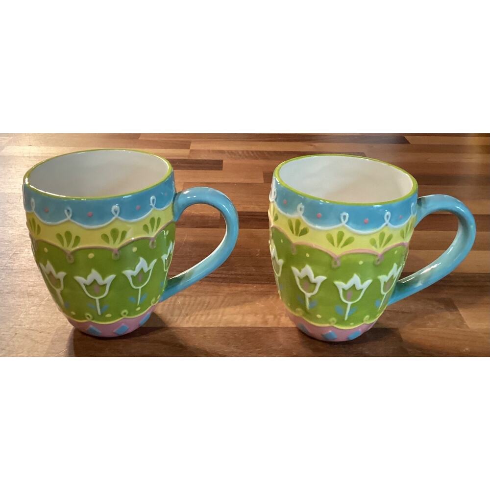 Pier 1 18 Oz Hand Painted Dolomite 3D Textured Large Ceramic Easter Egg Mugs